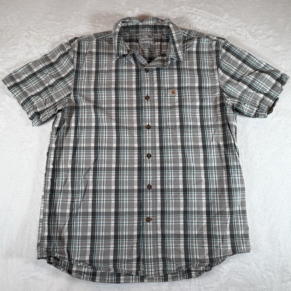 Carhartt Shirt Men's Sz L Gray Green Plaid Button Up Short Sleeve Casual